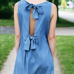 Denim striped shift dress.